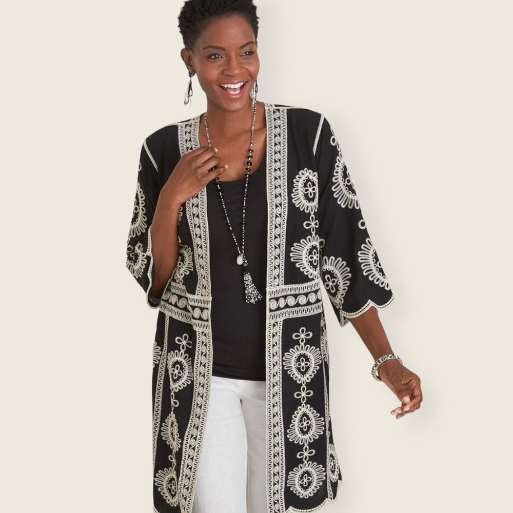 NWT Chico’s Embroidered Black Kimono Sz XS/S